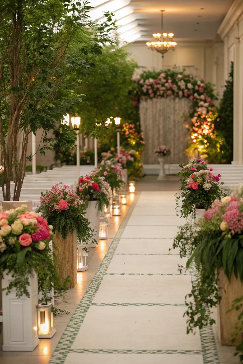 A garden-themed passageway showcases rows of plants and blossoms.