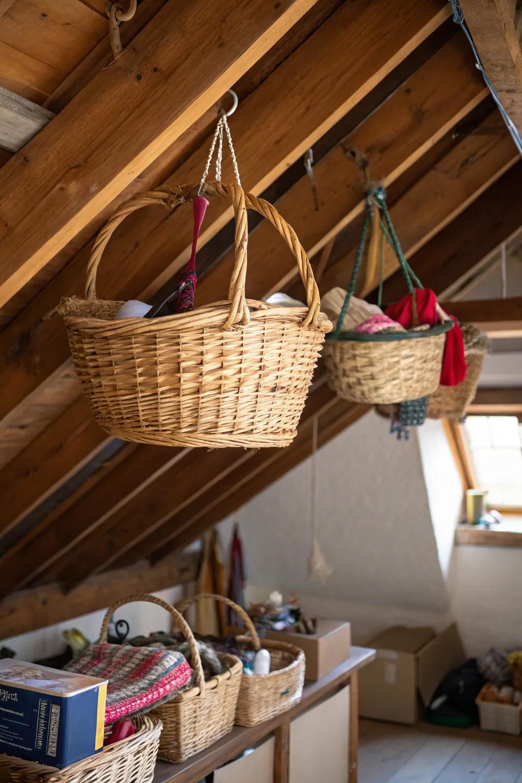Capitalize on ceiling space via suspending baskets designed for featherweight storage.