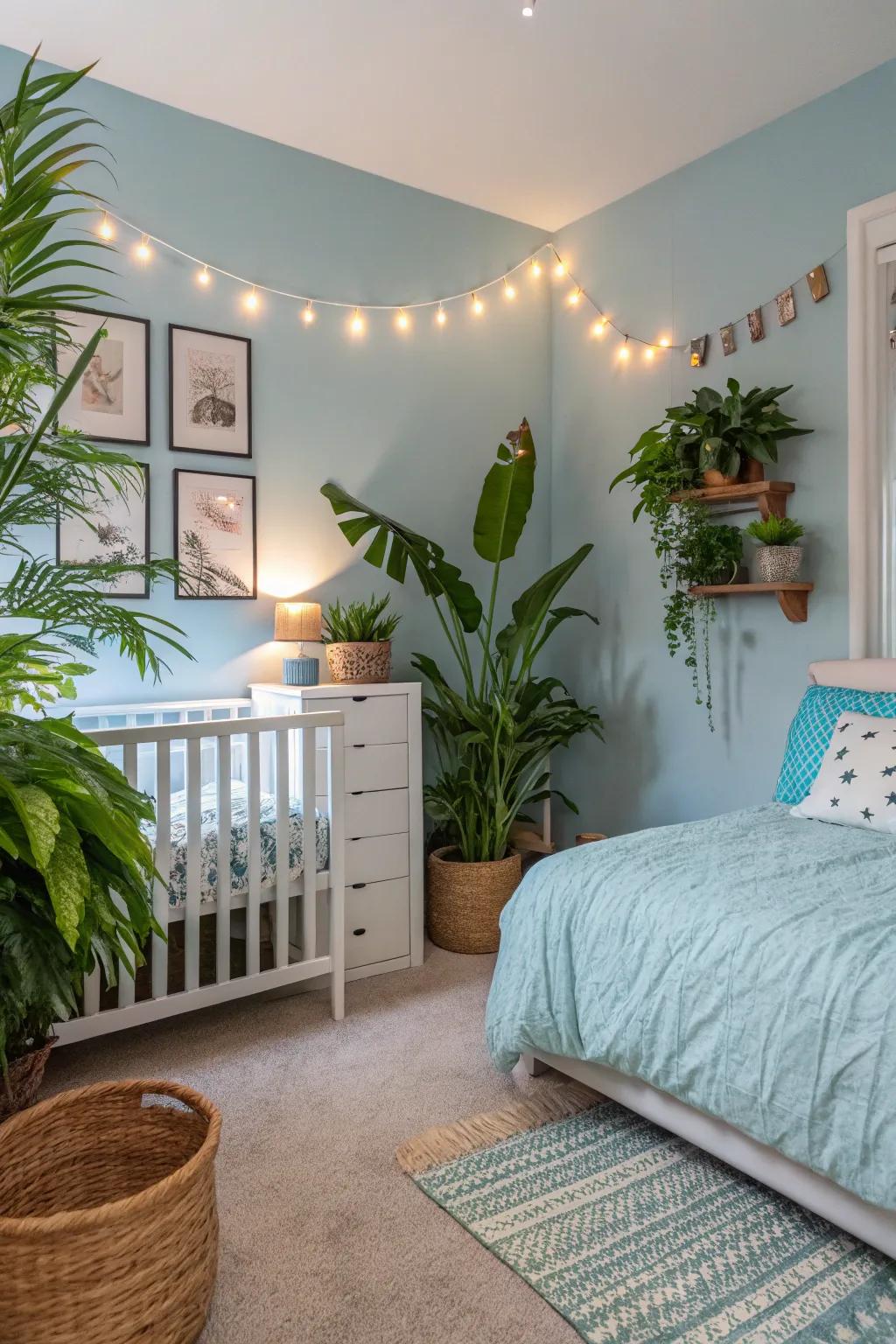 Green plants introduce a fresh contrast to a serene light sky blue bedroom.
