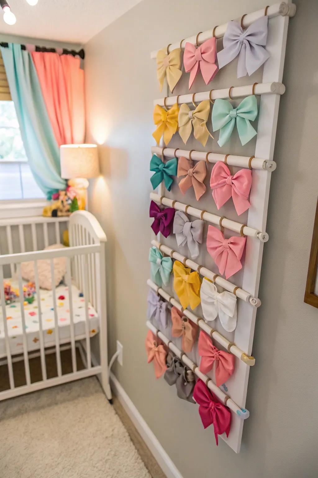Baby bows can be stored on a compact wall rack that saves space.