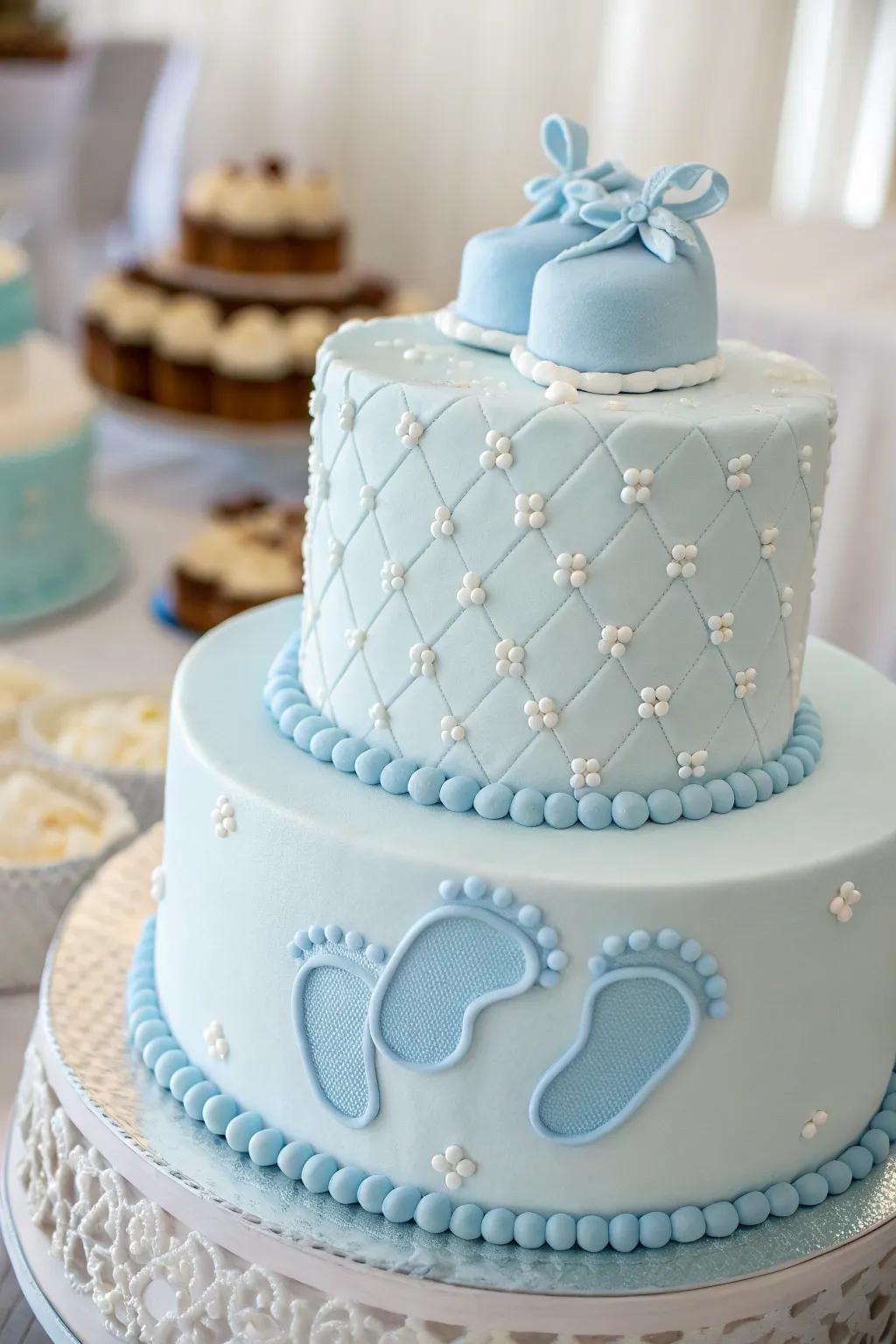 A sweet cake showcasing tiny baby feet, perfect for a baby boy gathering.