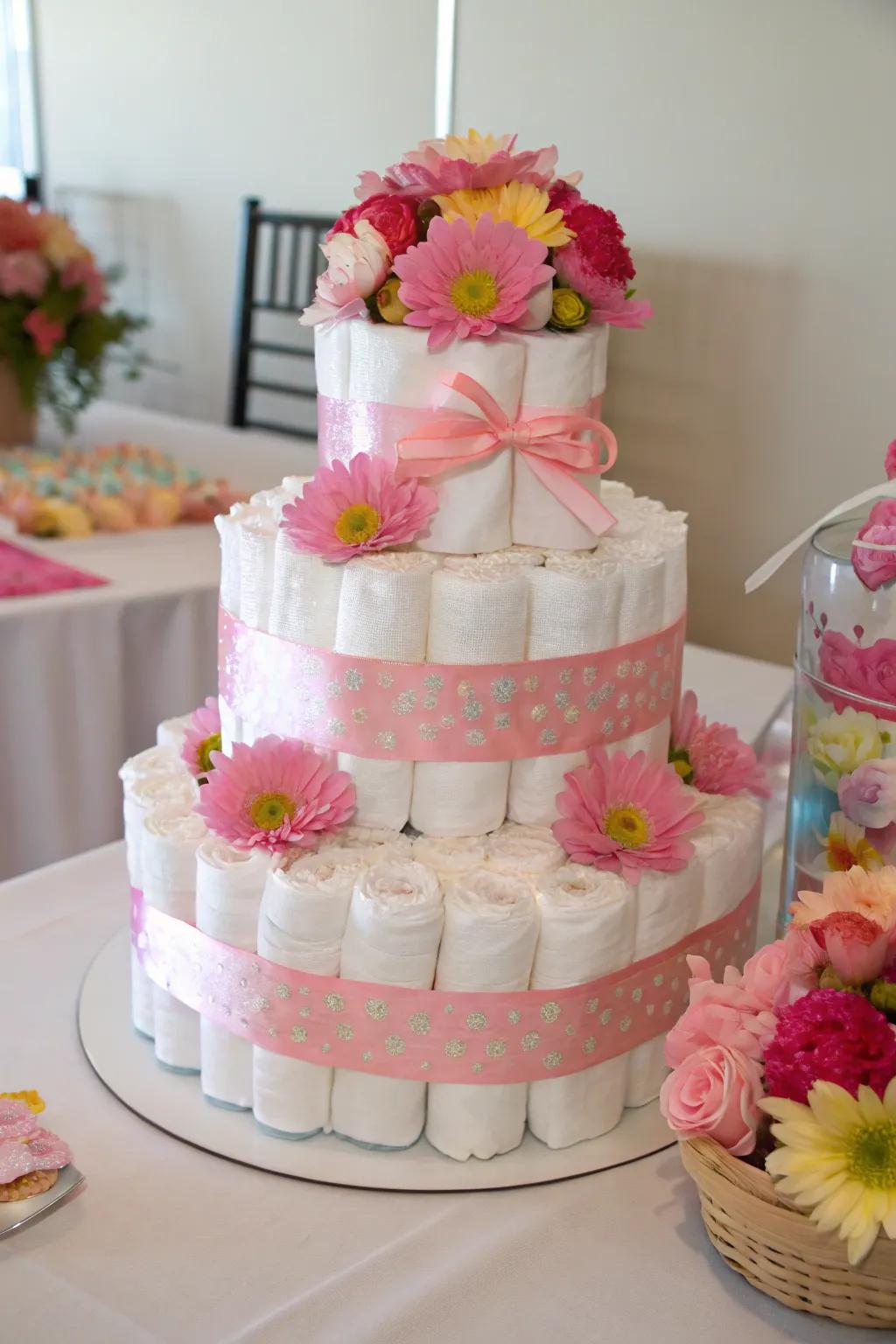 Practical yet pretty diaper cake centerpiece.