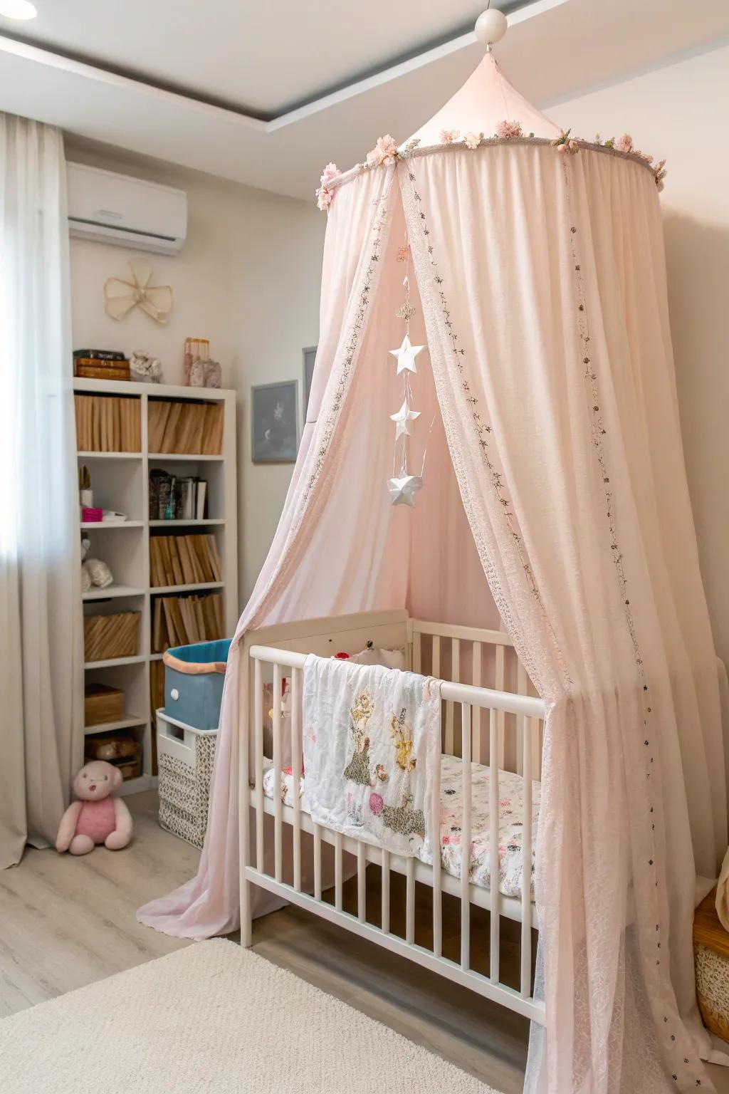 A canopy above the baby bed creates a magical setting.