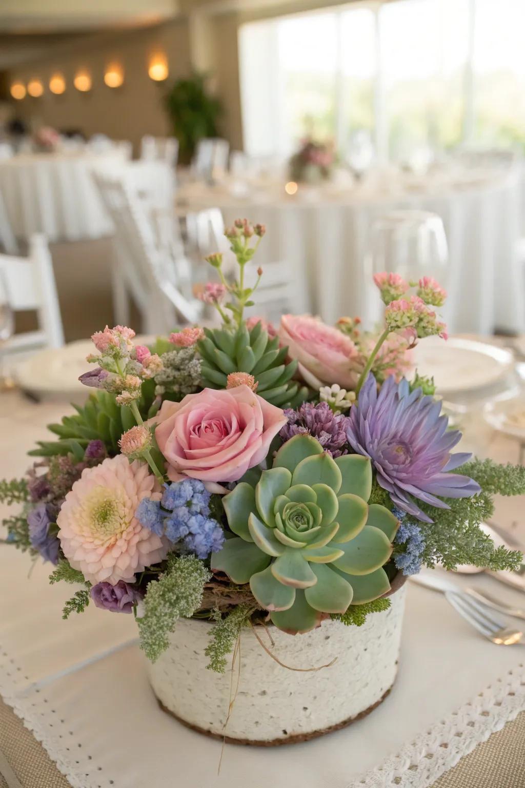 A modern centerpiece featuring fleshy greenery and blooms