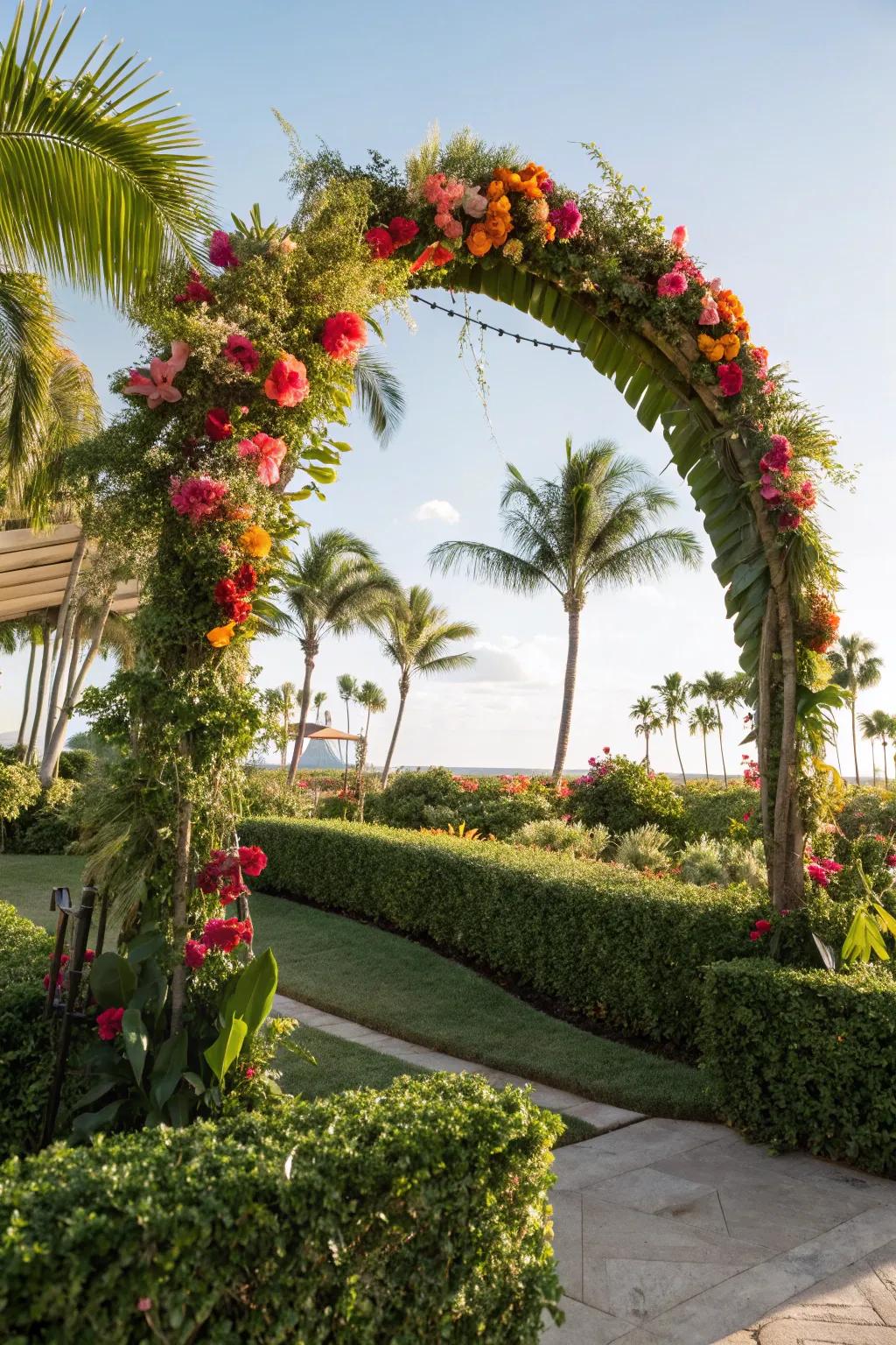 A lively tropical arch with palm fronds and flowers for a sunny vibe.
