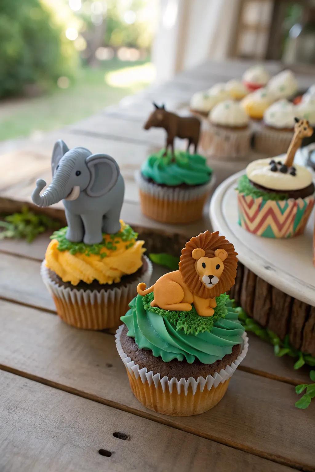 Wildlife animal-topped cupcakes usher in an engaging adventure theme.