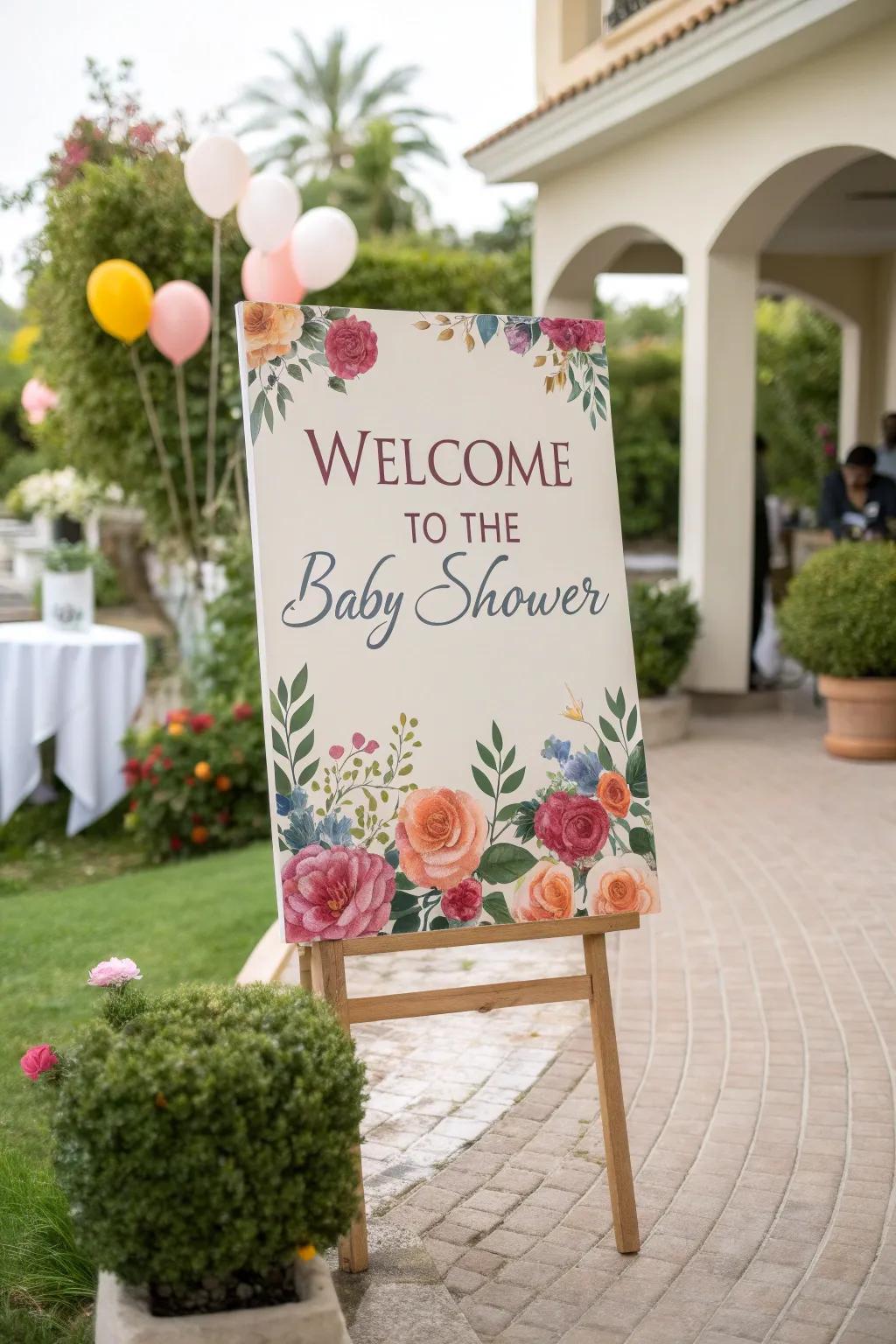A bespoke greeting display with hand-painted flowers warmly welcomes guests.