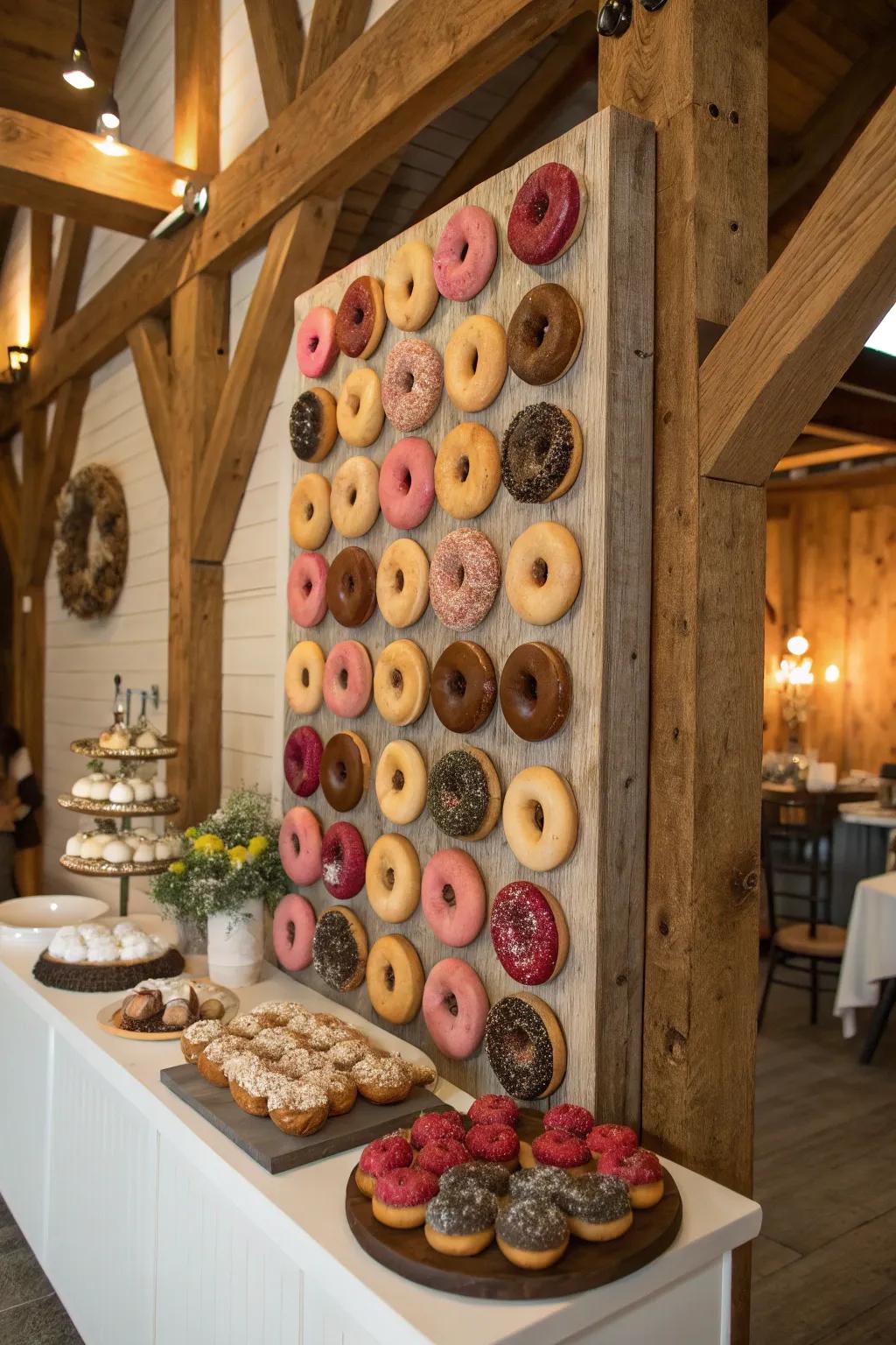 A creative donut wall with a rustic theme.