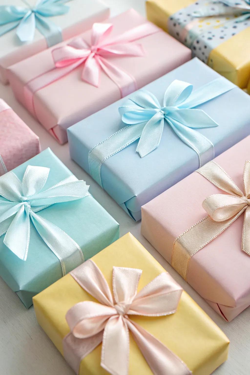 Gifts arranged with matching colors, perfectly aligned for a beautiful presentation.