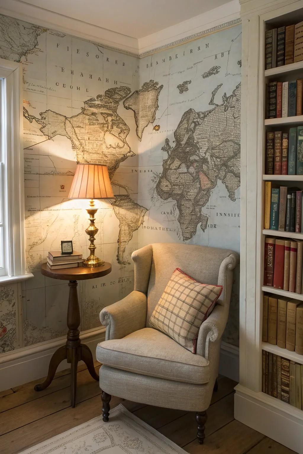 A reading spot showcasing antique map wallpaper, establishing a warm and nostalgic ambiance.
