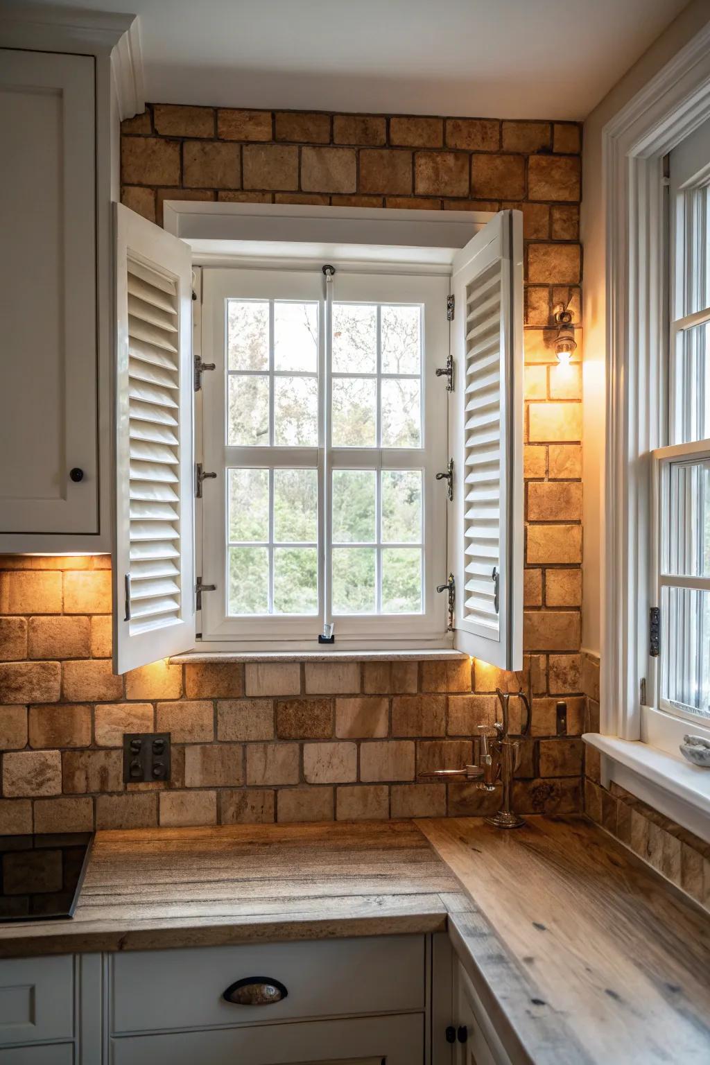 Wooden tiles injecting rustic warmth around a kitchen window.