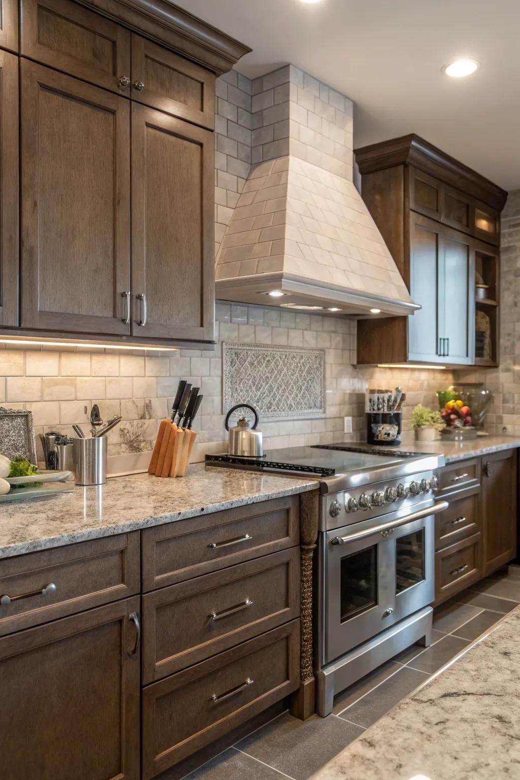 Soft cloud tone harmonizes with the subtle tones of fantasy brown granite.