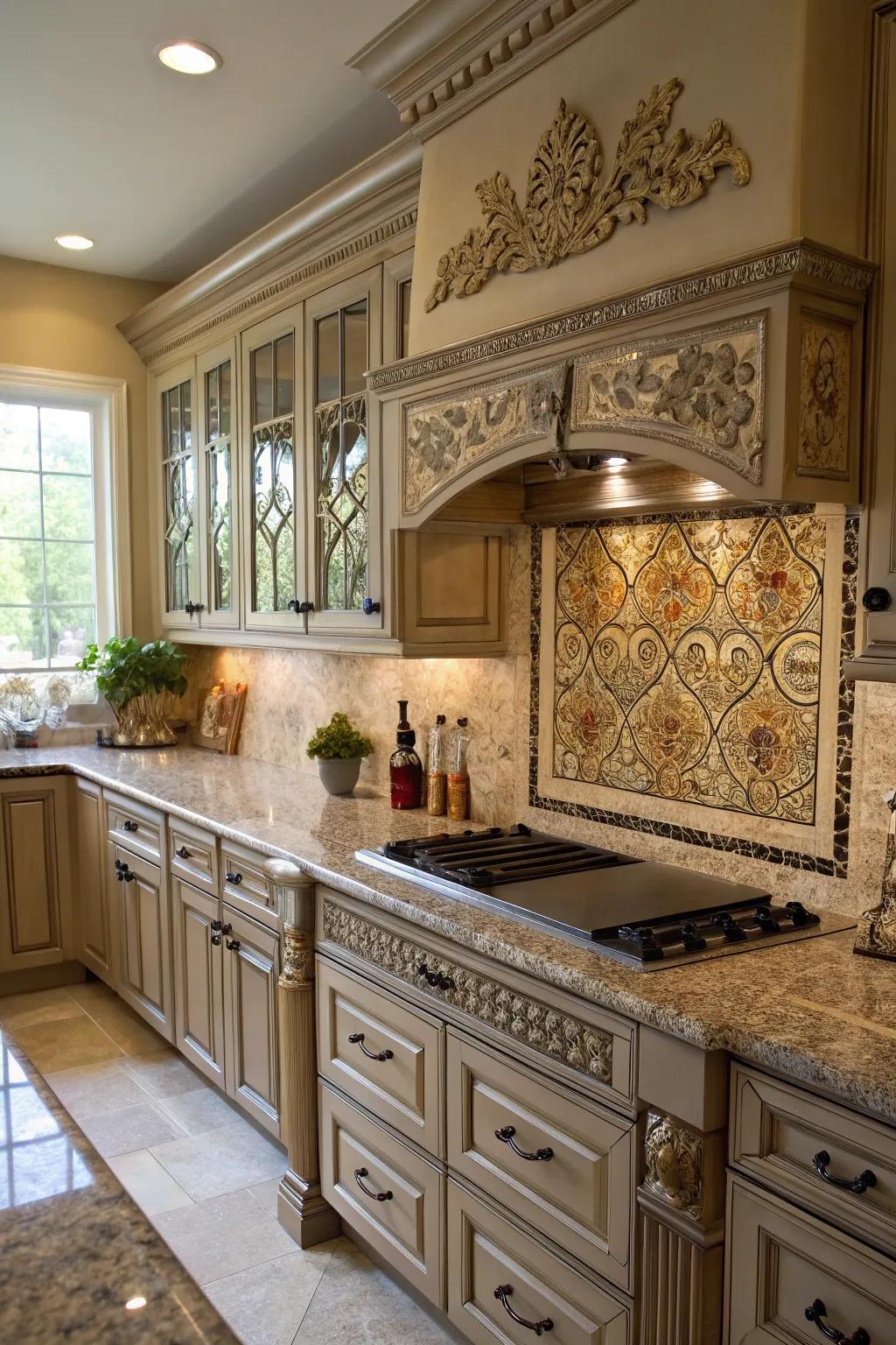 Ornate touches give granite worktops a classic beauty.