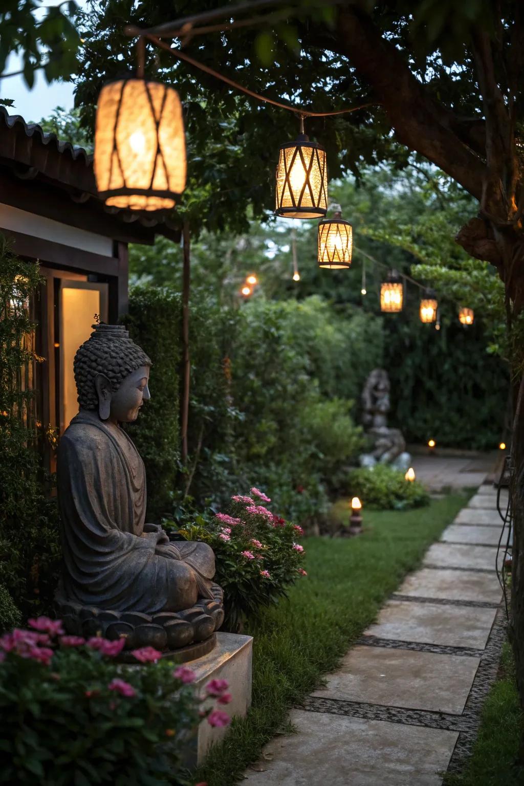 Lanterns contribute a warm, spiritual glow to your garden at night.