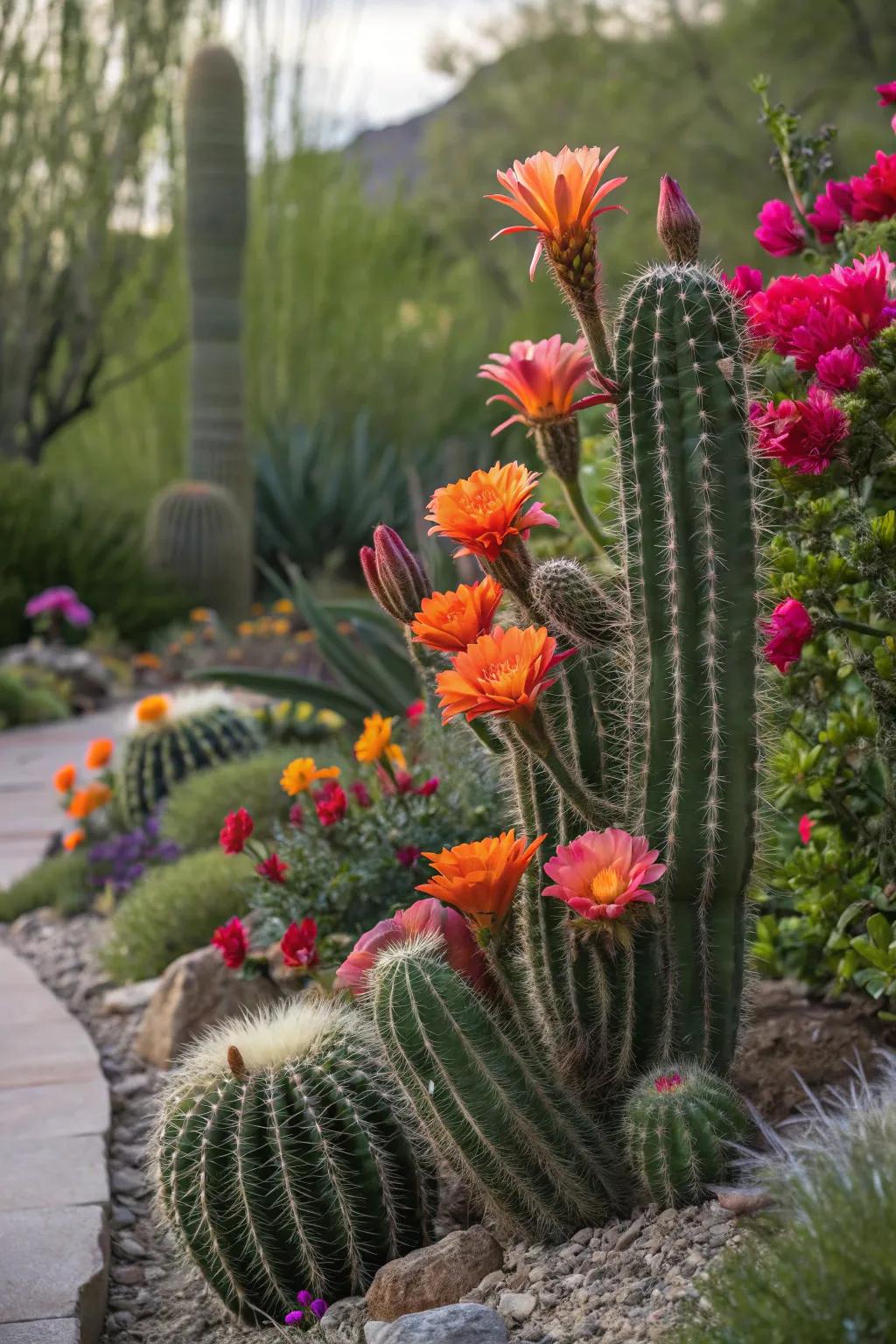 Vibrant flowers in bloom adding striking colors to the cactus garden.
