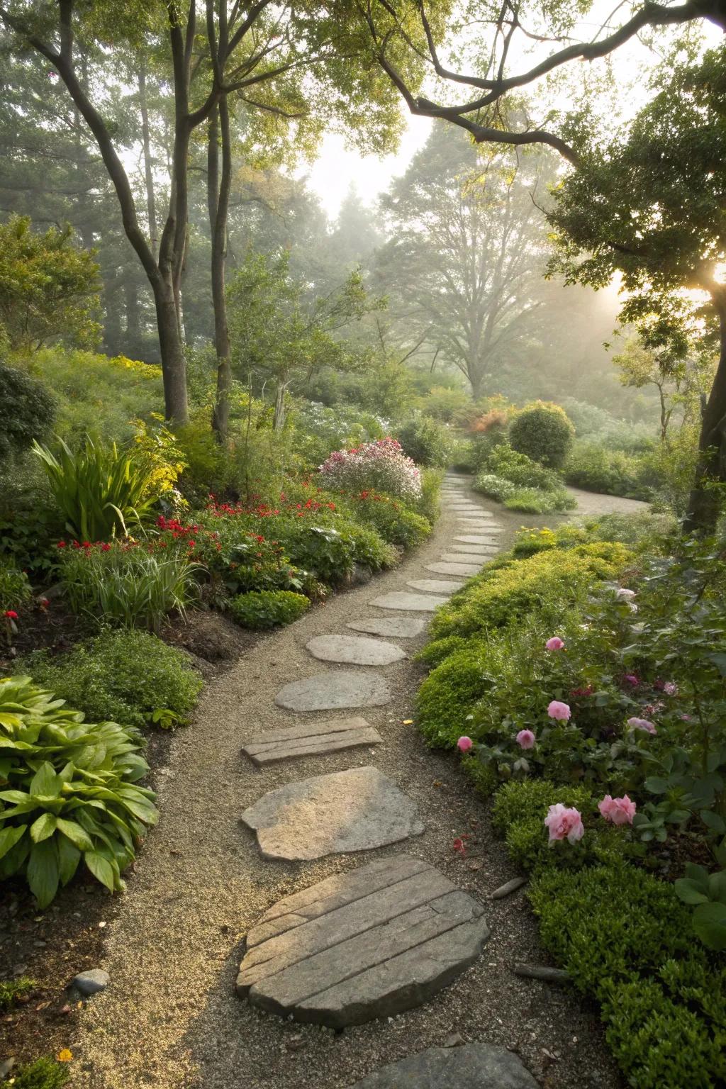 Mix textures with crushed rock and stepping stones for a visually intriguing garden path.