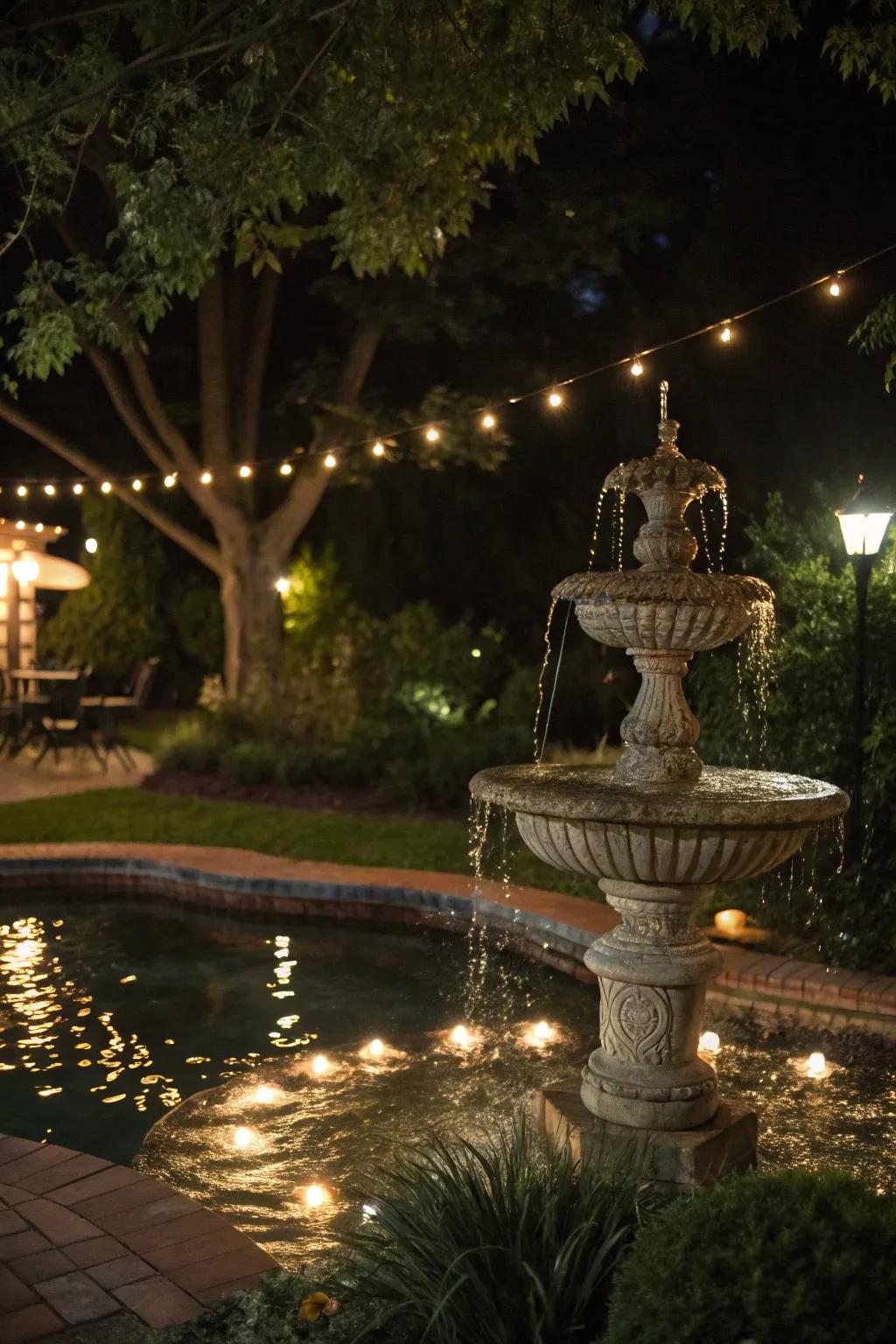 An illuminated fountain transforms your garden into a fascinating nighttime escape.