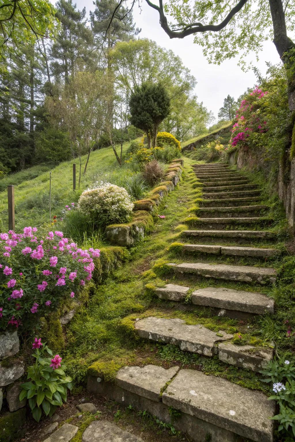 Stone steps are both practical and aesthetically pleasing on an incline.