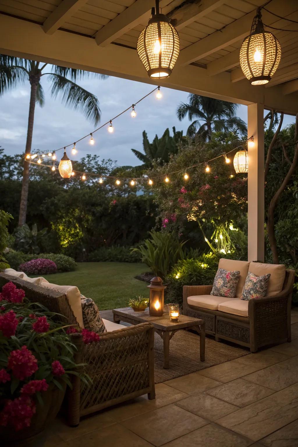 Creative lighting transforming a veranda into a magical retreat.