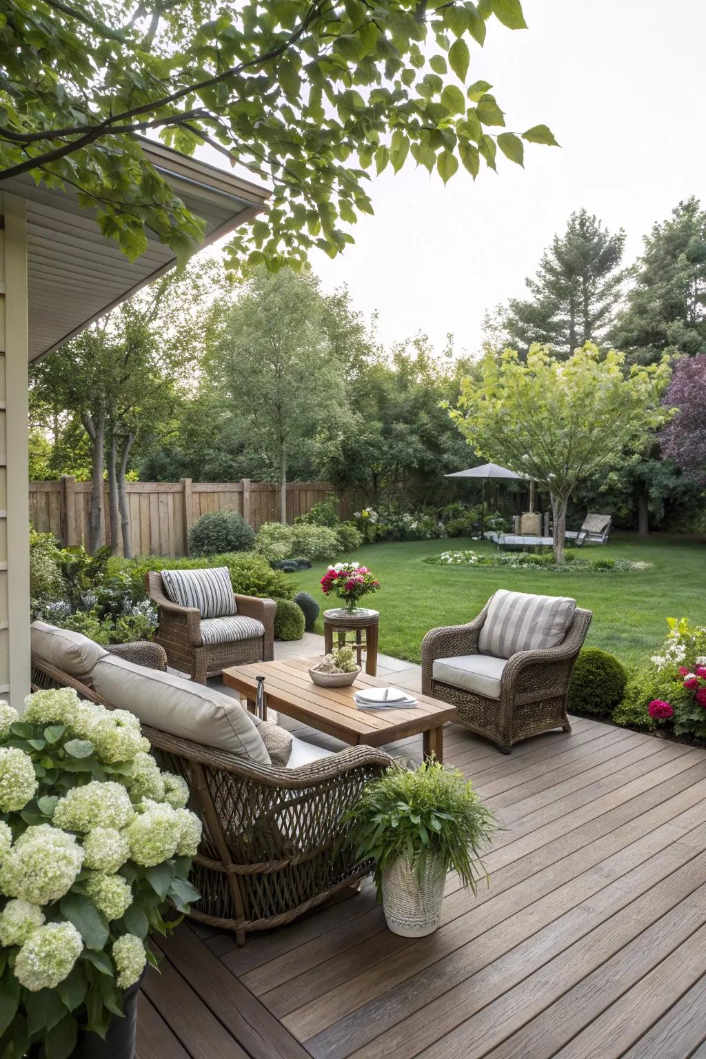 A trendy deck increases outdoor living space.