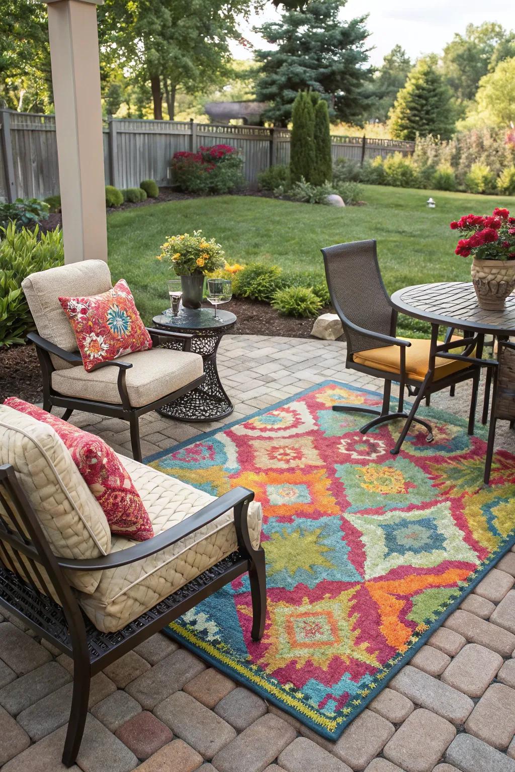 A vibrant garden rug enhancing comfort and style.