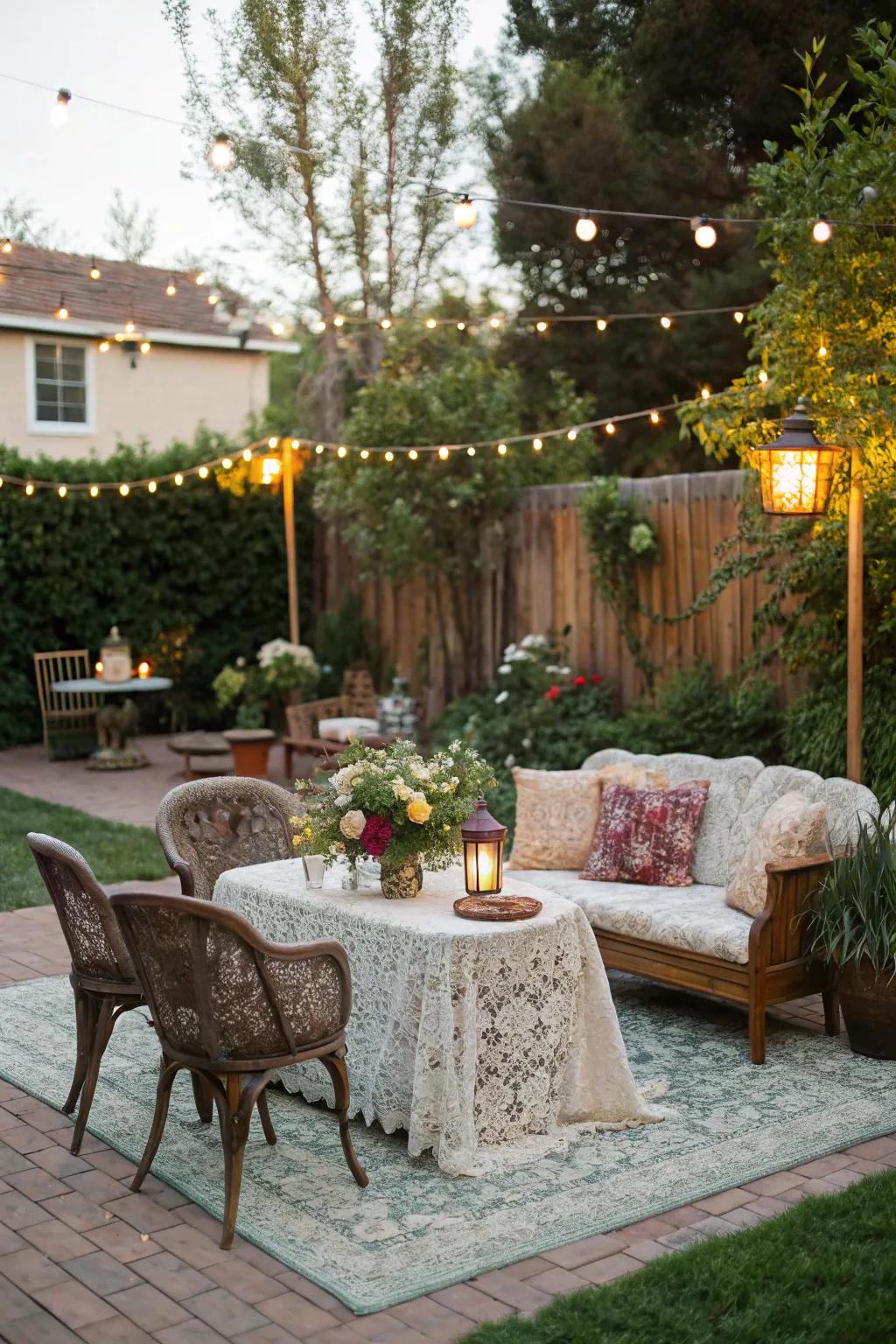 A vintage furniture lounge area adds charm and comfort for guests.