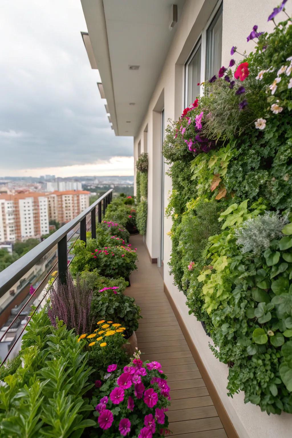 Flourishing green walls bring greenery and freshness to your balcony.