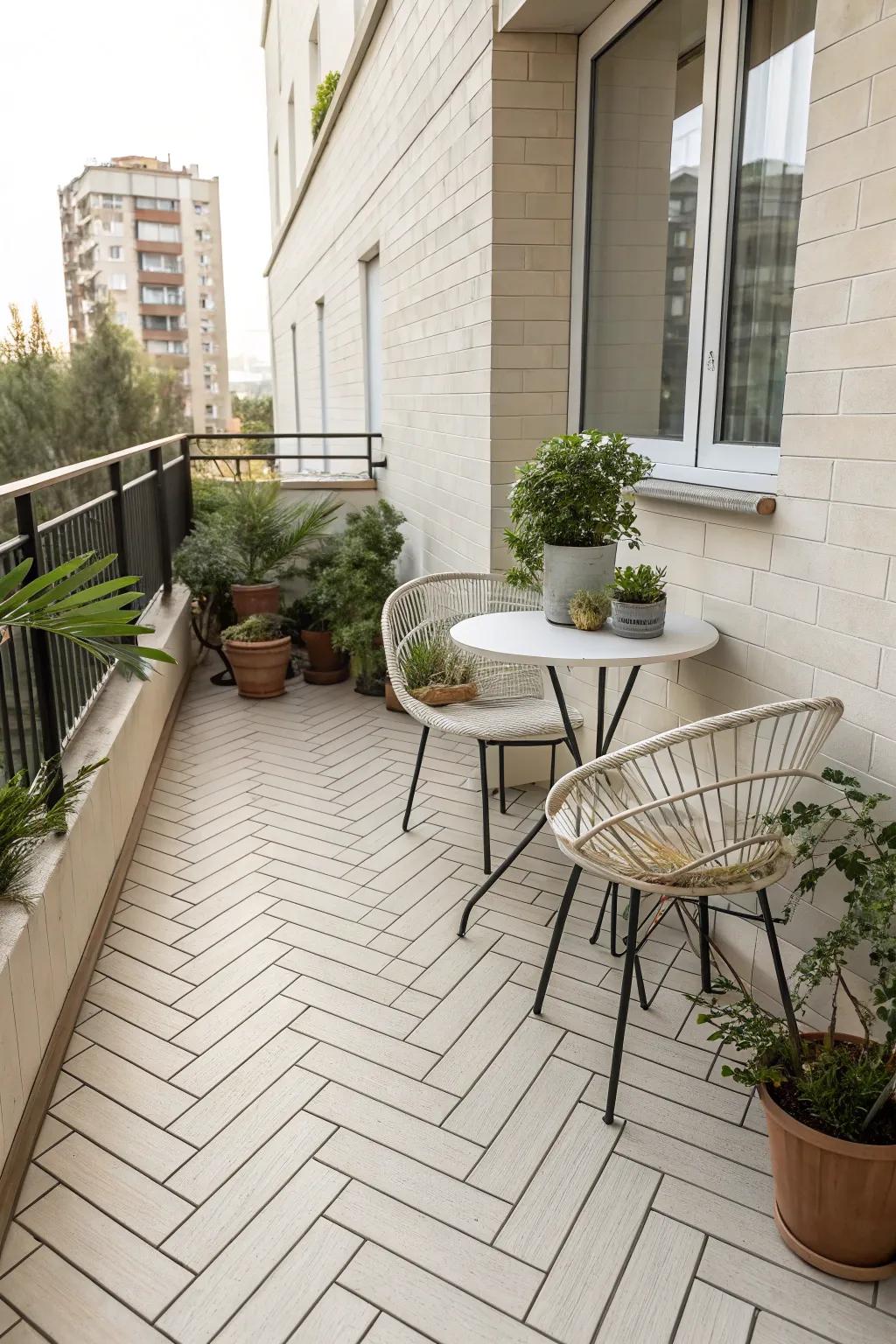 Porcelain flooring offers durability and style, perfect for a safe and chic balcony.