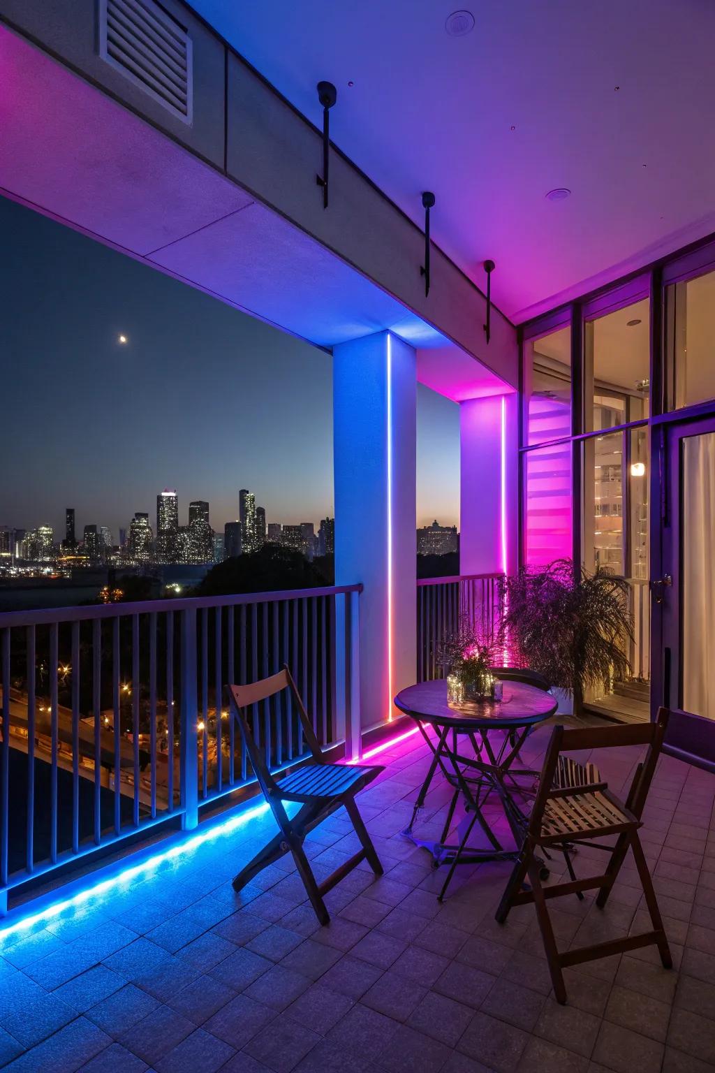 Color-changing LED lights allow for dynamic and versatile balcony lighting.