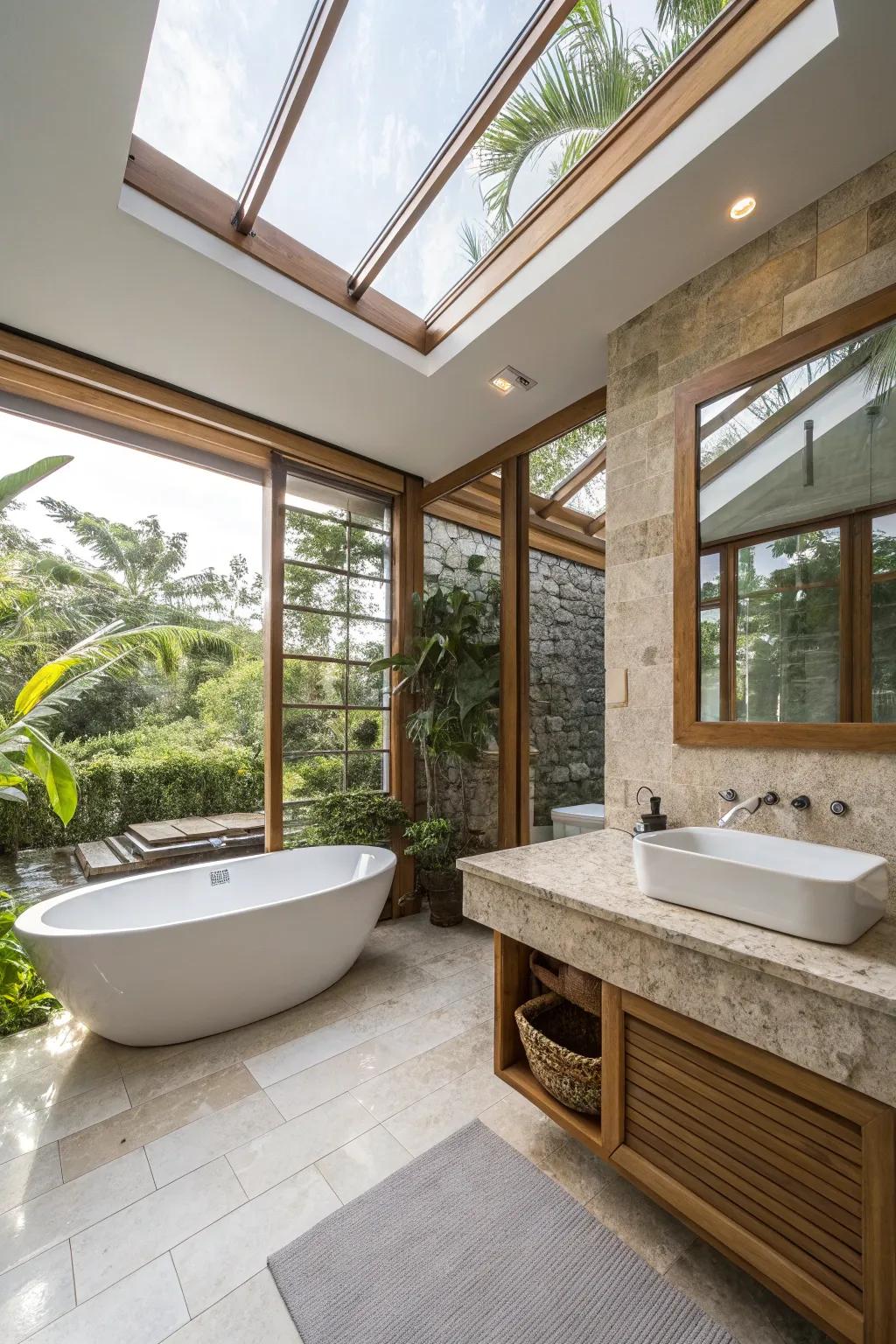 Skylights and expansive windows invite abundant natural light.