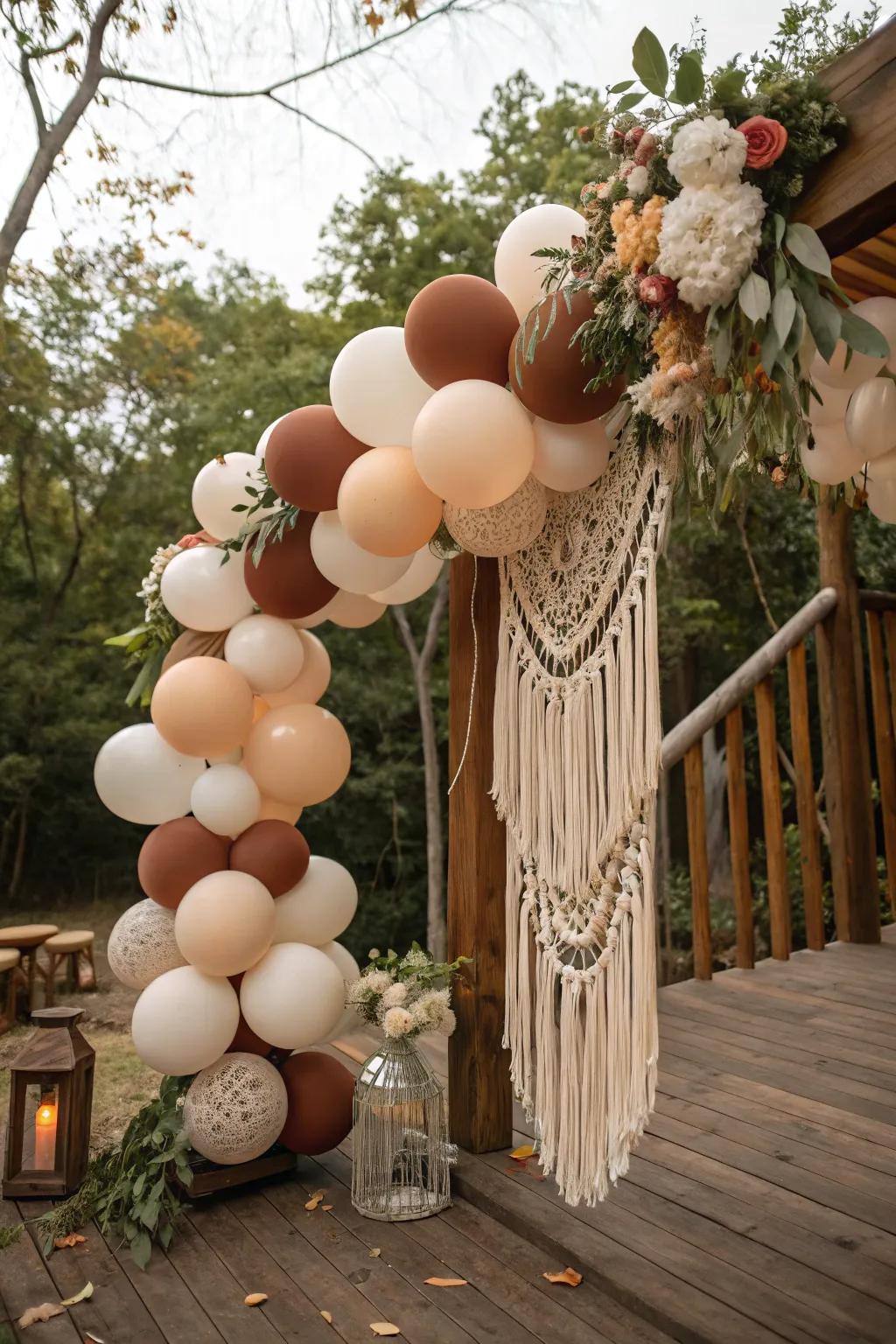 A boho balloon garland for a rustic celebration.