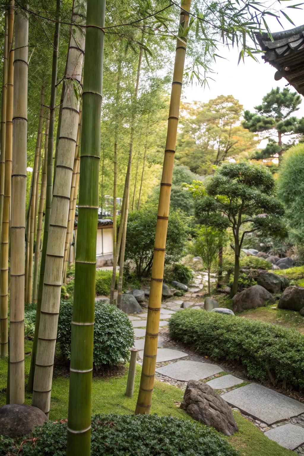 A tiered garden featuring bamboo of diverse heights for a rich, layered effect.