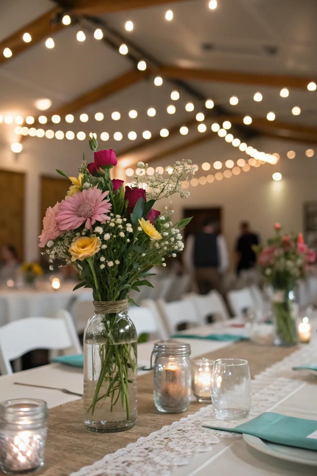 Glass containers evoking a vintage attraction with flowers and lights.