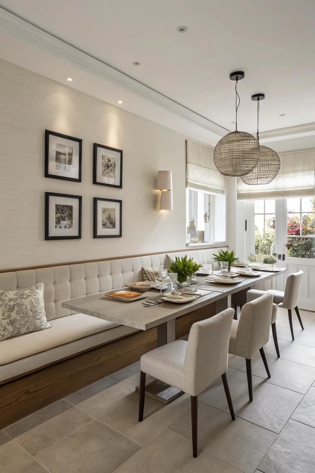 A modern dining room with a wall-mounted banquette, offering a sleek and contemporary look.