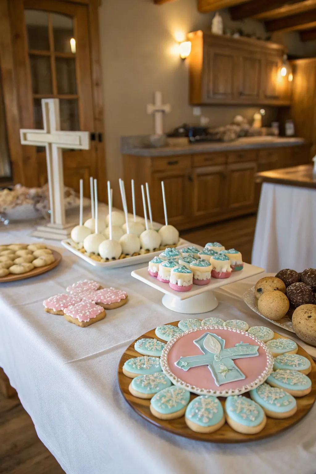Coordinated cake pops and cookies that complement the main cake.