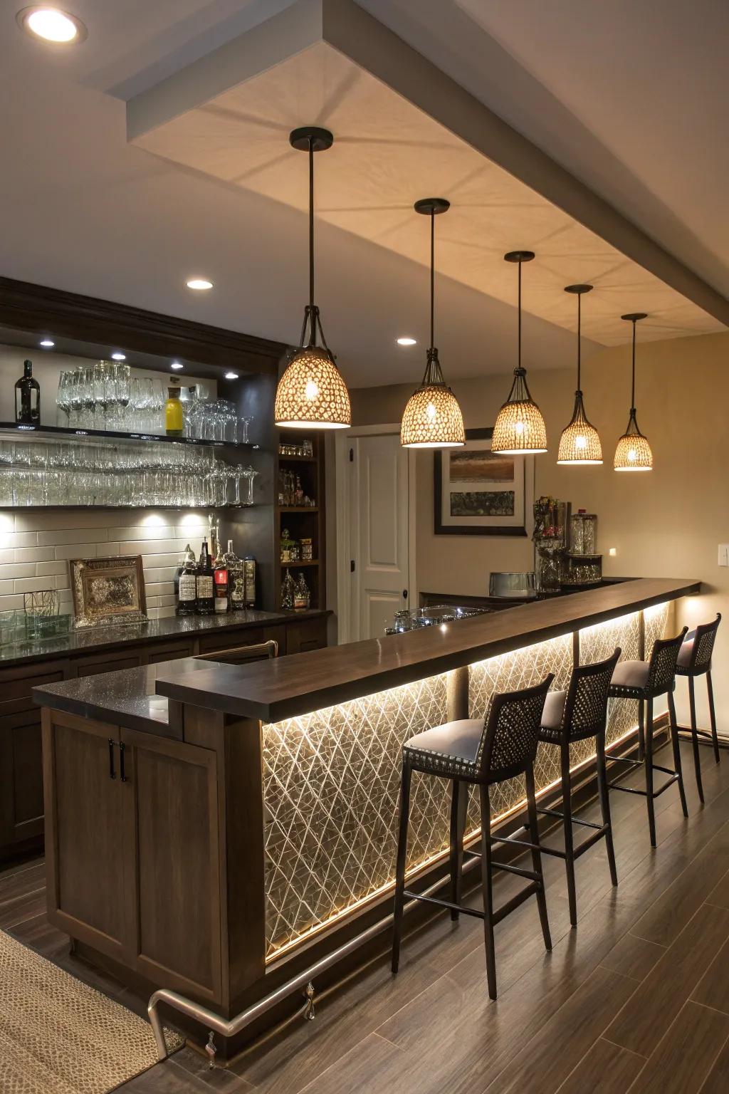 Home bar with ambient lighting features.