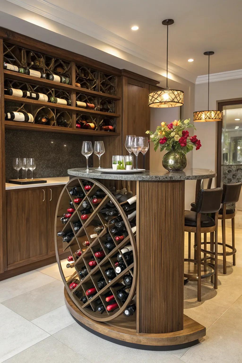 Hoop-shaped displays provide a distinctive method to hold wine.