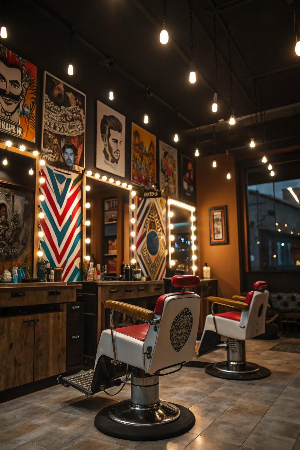 Accent lighting brings the artistic aspects of a barbershop to life.