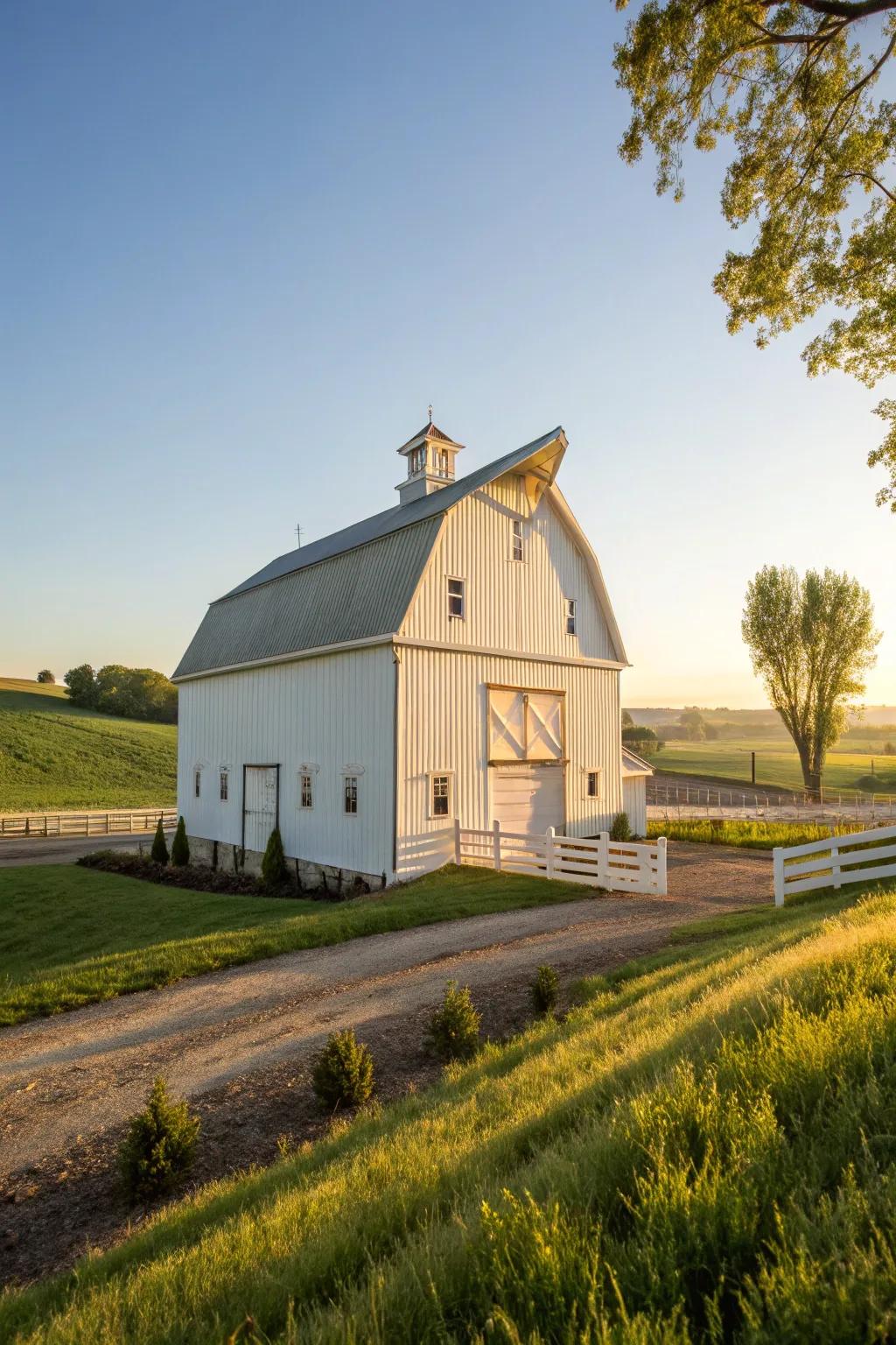 An elegant soft white barn that exudes peace.