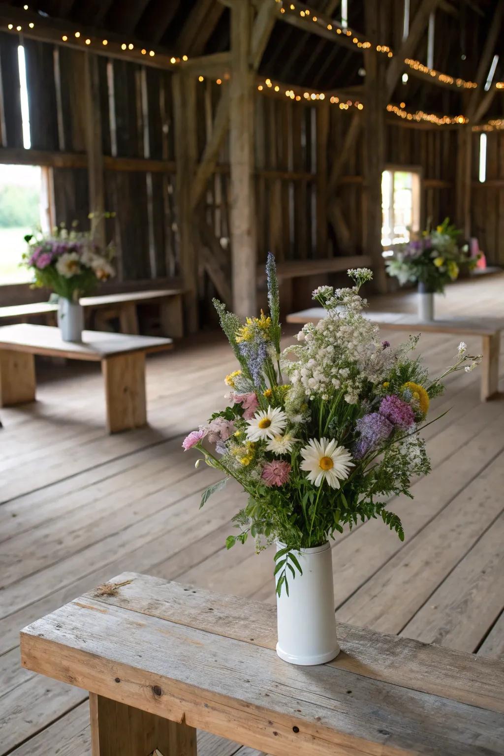 Wildflowers bring a touch of nature to the barn d&eacute;cor.