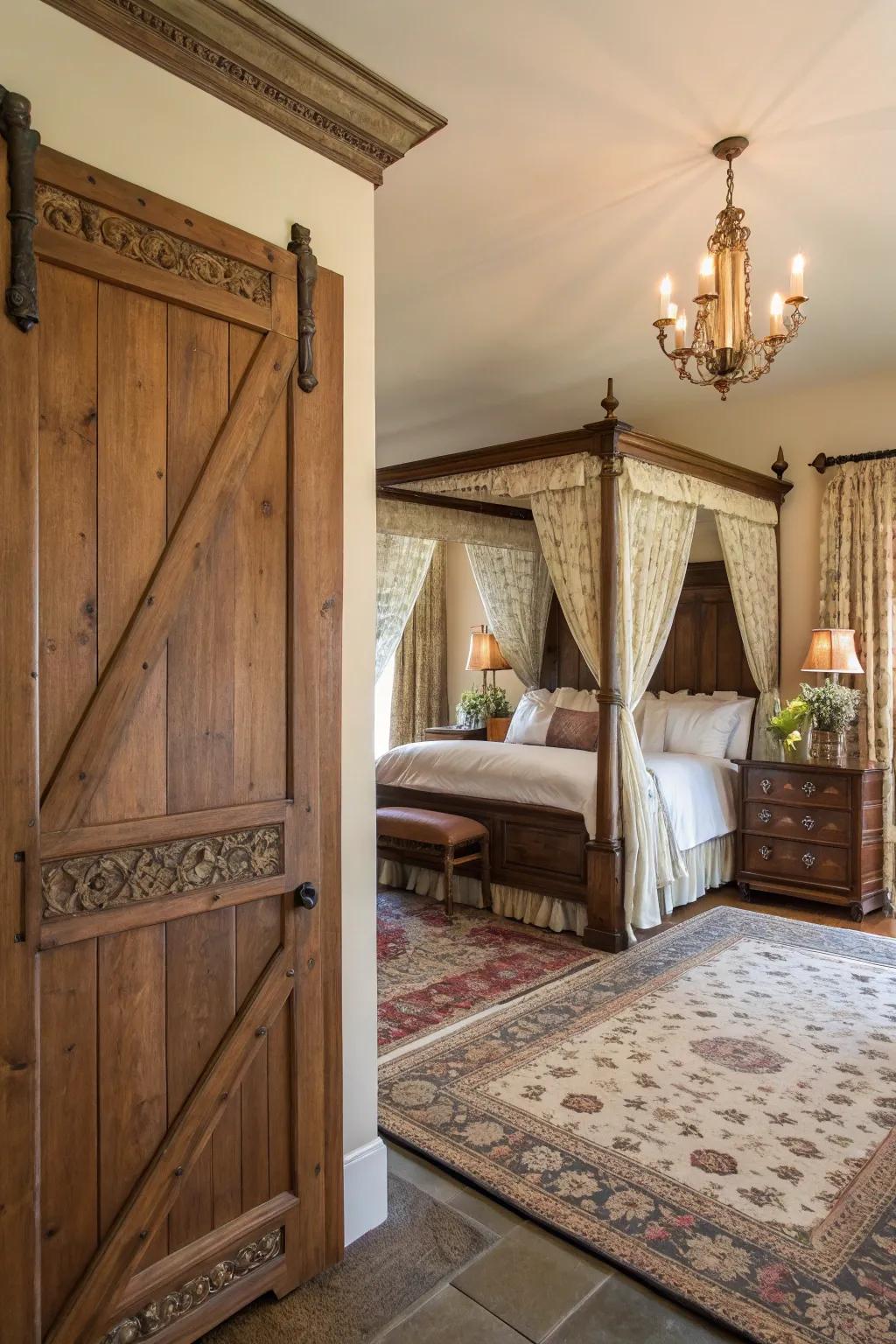 A timeless paneled barn door adds elegance to this traditional bedroom.