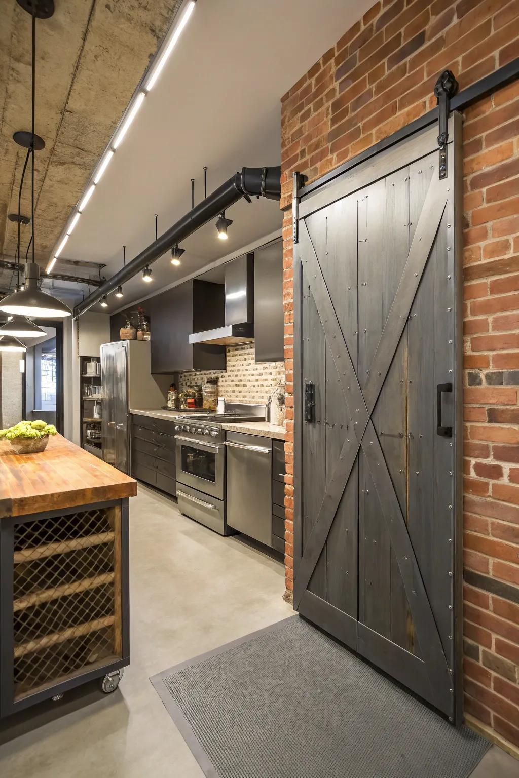 An industrial kitchen featuring a sliding barn door pantry accented with metal ornaments.