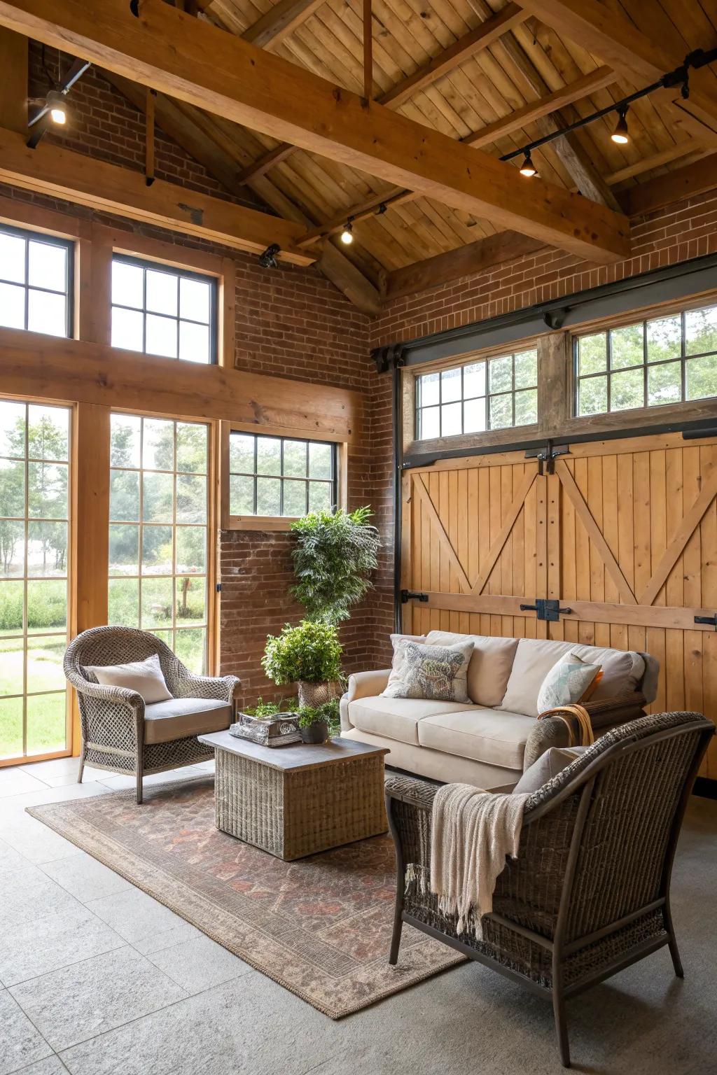 A comfy sitting area asks you to rest in this barn garage.