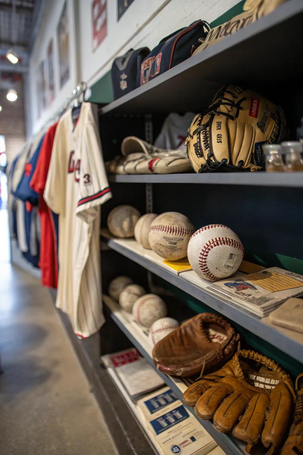 Memorabilia setups honor the stories and stars of baseball.