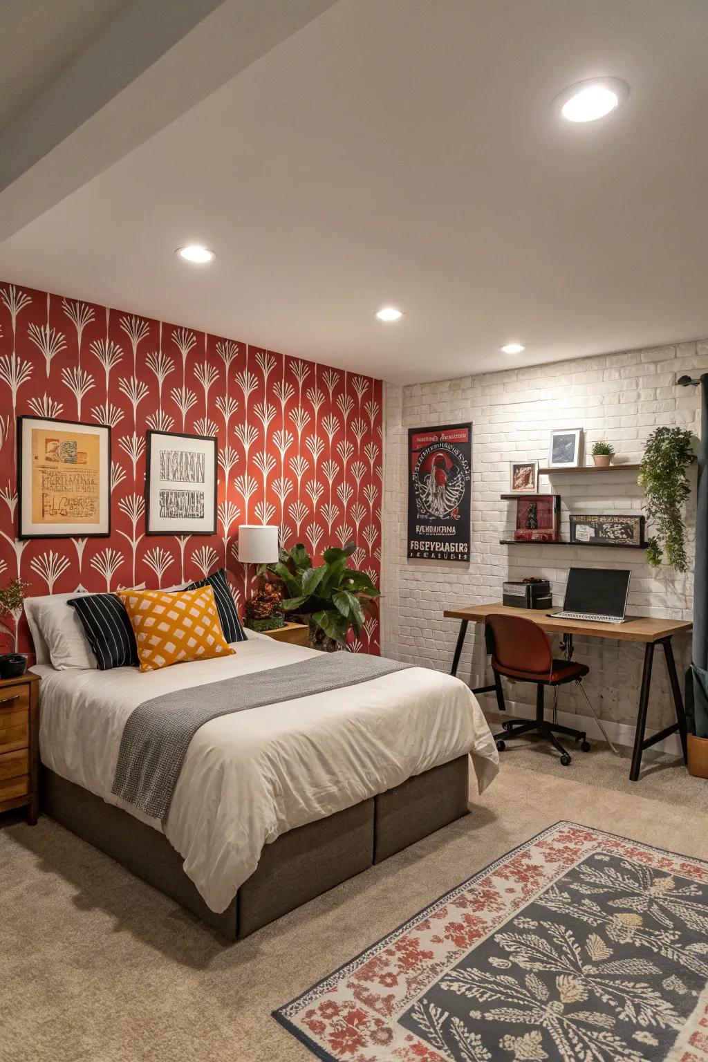 A striking feature wall with adhesive wall covering brings style to this basement bedroom.