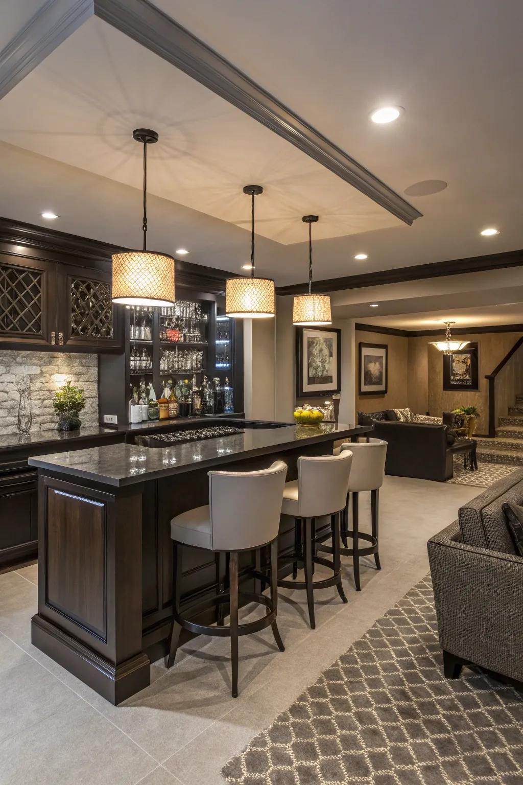 A chic bar area enhances your recreation room's social atmosphere.