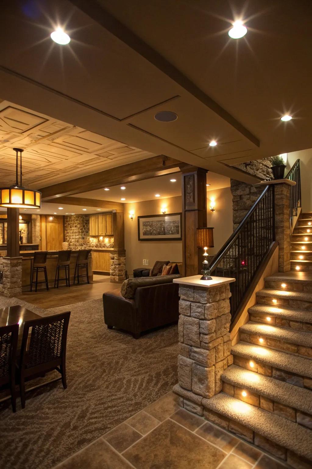 Layered lighting ensures both practicality and ambiance.