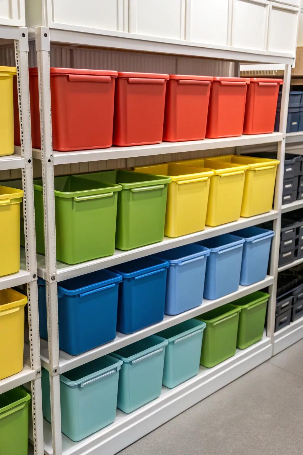 Color-coded containers simplify quickly finding stored items.