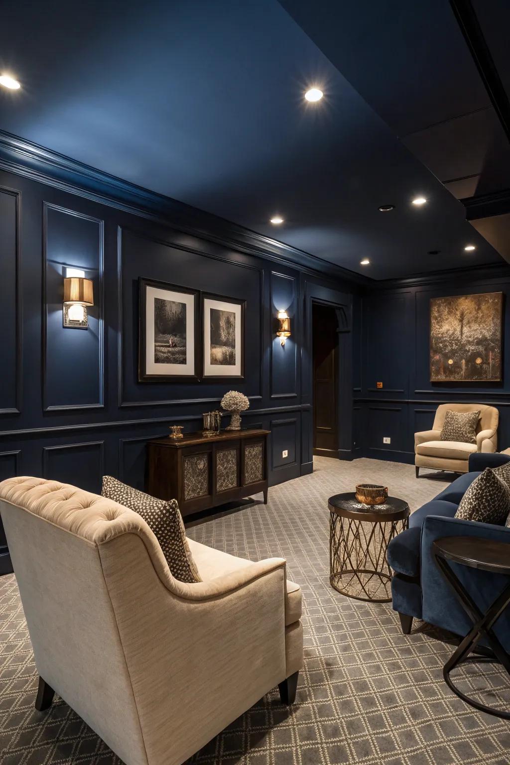 Deep blue walls create a striking and elegant atmosphere.