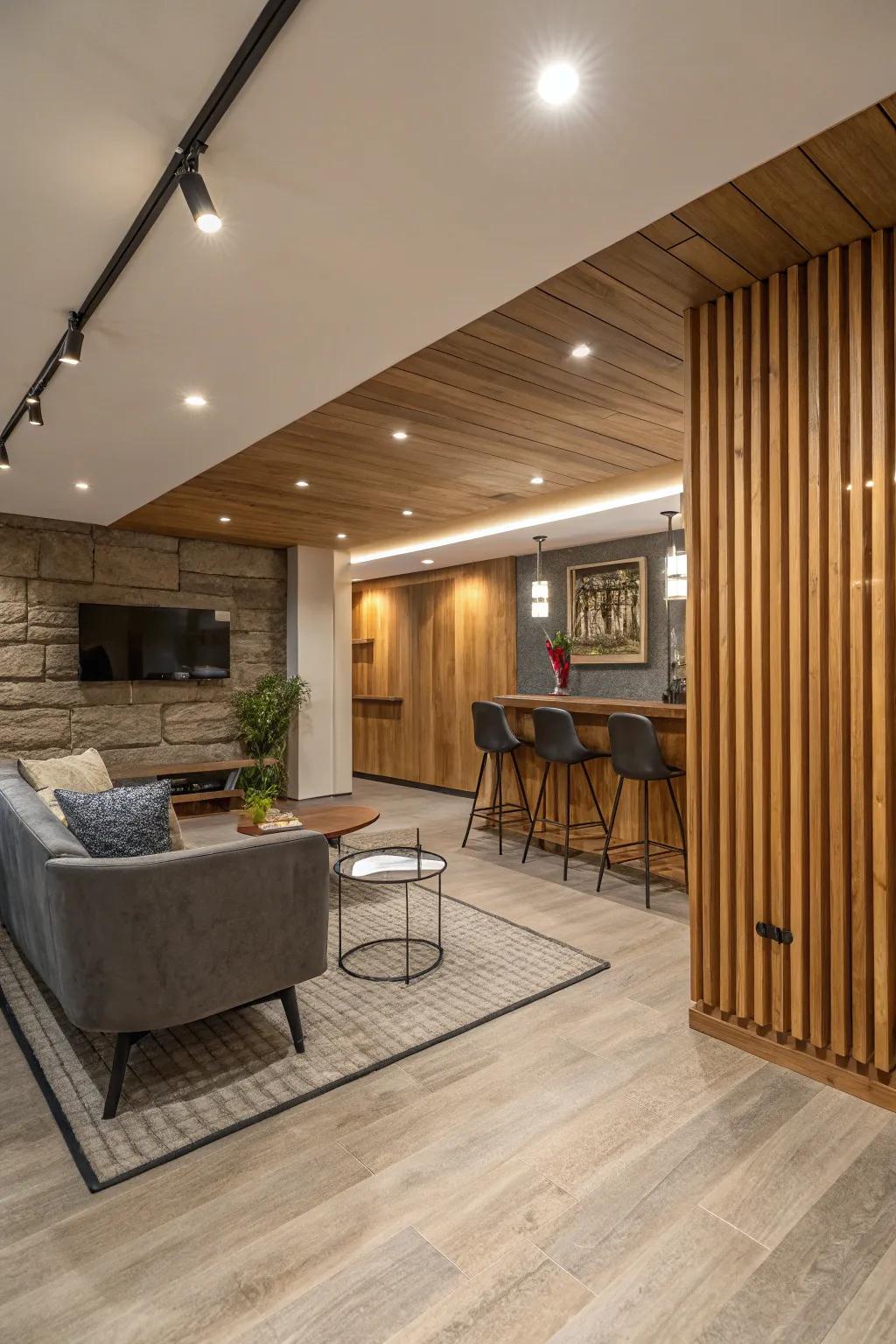 Wood slats provide an eco-friendly and stylish paneling solution.